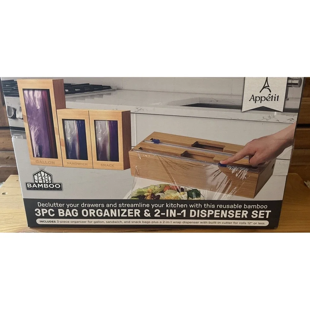 NEW‎ Appetit BAMBOO 3pc Bag Organizer & 2-N-1 Dispenser Set